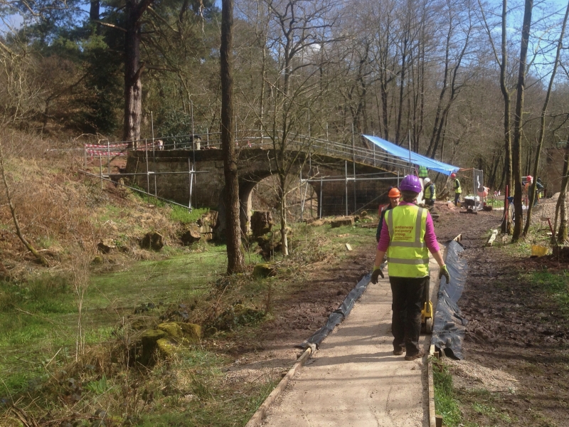 Uttoxeter Canal at Crumpwood, April 2016, Bridge 70 and towpath restoration under way with volunteers from Waterway Recovery Group