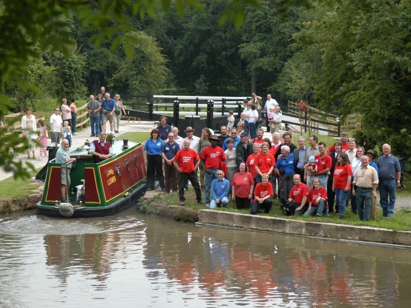 Uttoxeter Canal at Froghall, July 2005. Volunteers gather to mark the reopening of the first lock and basin. Photo Harry Arnold (Waterway Images)
