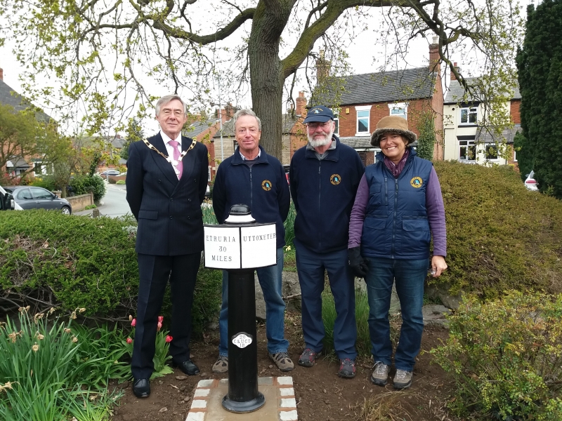 Milepost unveiling, Uttoxeter, April 2019. Councillor Zdzislaw Krupski (Deputy Mayor of Uttoxeter) with Philip Balfour (leading the mileposts project), Peter Matthews and Philippa Balfour 